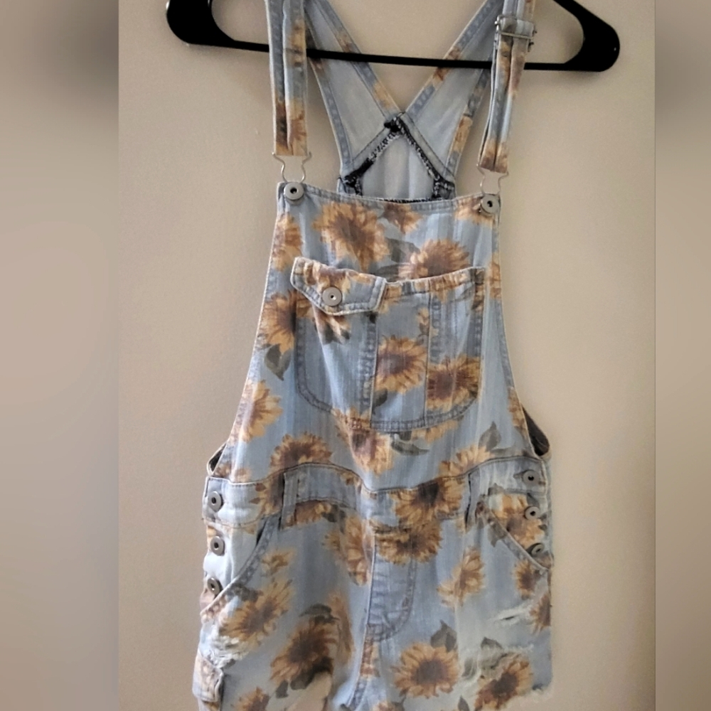 No Boundaries Blue, Yellow & Brown Floral Sunflower Overalls